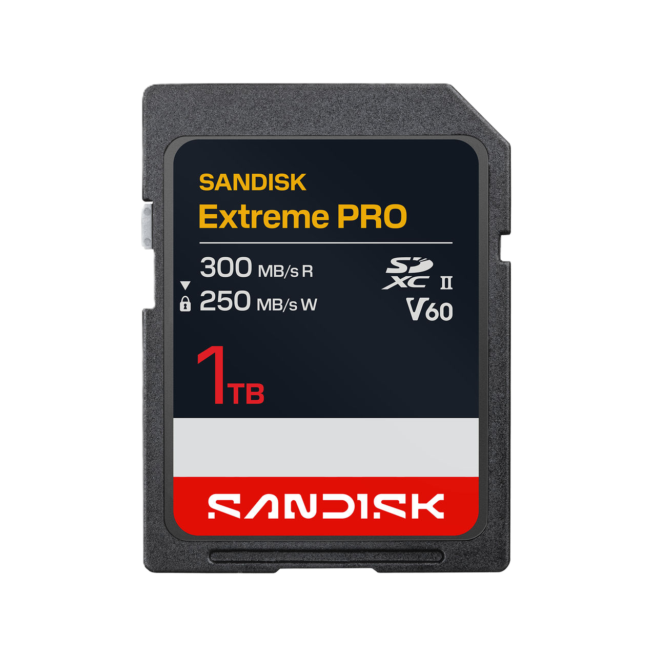 A Sandisk Extreme PRO 1TB SDXC V60 memory card shown against a plain white background. The card features a black face with yellow, white, and red text and graphics, and a gray protective casing.