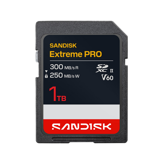 A Sandisk Extreme PRO 1TB SDXC V60 memory card shown against a plain white background. The card features a black face with yellow, white, and red text and graphics, and a gray protective casing.