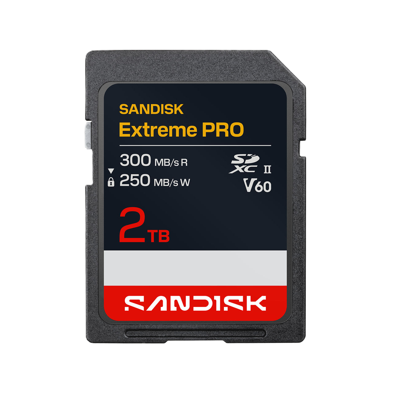 A Sandisk Extreme PRO 2TB SDXC V60 memory card shown against a plain white background. The card features a black and red front label with yellow and white text, and a gray plastic card body.