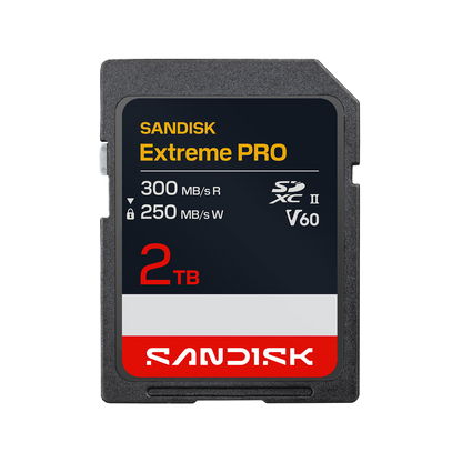 A Sandisk Extreme PRO 2TB SDXC V60 memory card shown against a plain white background. The card features a black and red front label with yellow and white text, and a gray plastic card body.