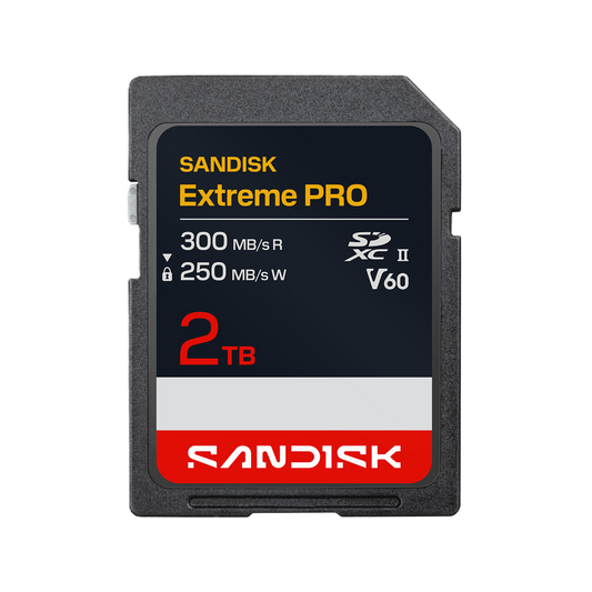 A Sandisk Extreme PRO 2TB SDXC V60 memory card shown against a plain white background. The card features a black and red front label with yellow and white text, and a gray plastic card body.