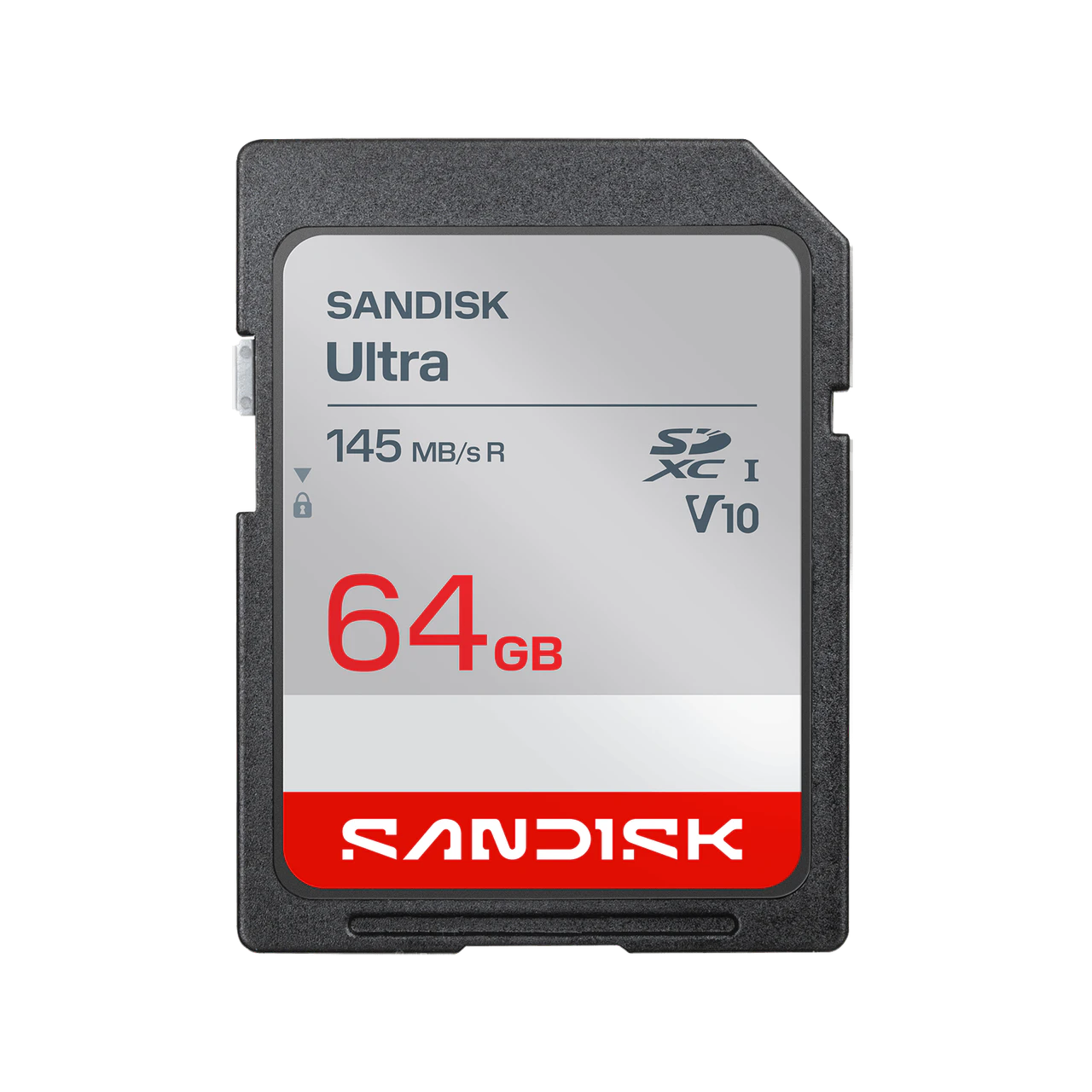 A Sandisk Ultra 64GB SDXC V10 memory card shown against a plain white background.