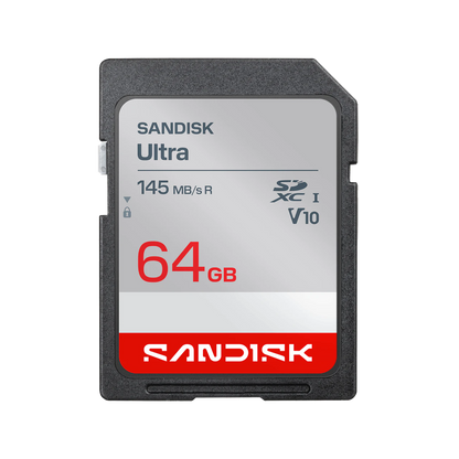 A Sandisk Ultra 64GB SDXC V10 memory card shown against a plain white background.
