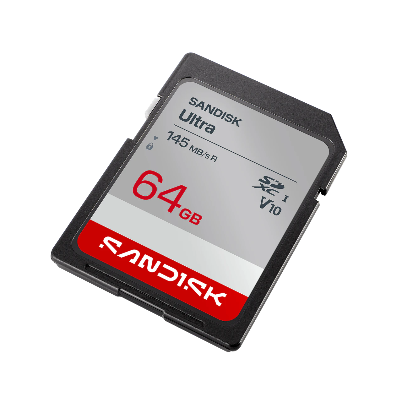 A Sandisk Ultra 256GB SD card shown at an angle on a plain white background.