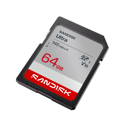A Sandisk Ultra 256GB SD card shown at an angle on a plain white background.