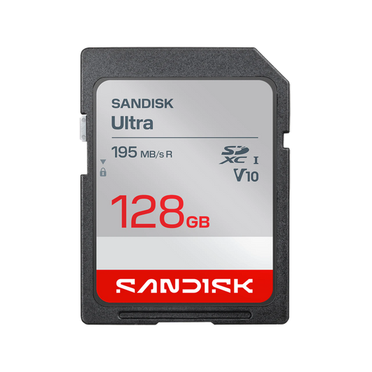 A Sandisk Ultra 128GB SDXC memory card shown against a plain white background. The card features a black plastic casing with a silver and white label that has red text and a red bottom band with the Sandisk logo.