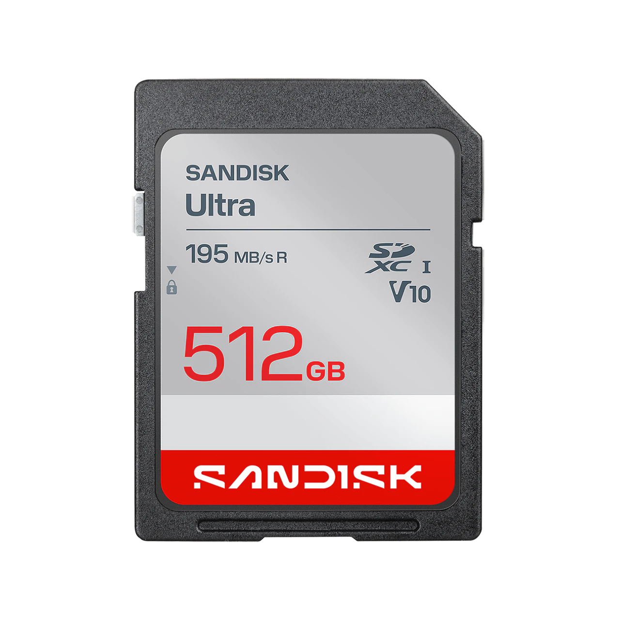 A Sandisk Ultra 512GB SD card shown from the front against a plain white background.