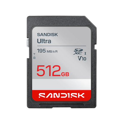 A Sandisk Ultra 512GB SD card shown from the front against a plain white background.