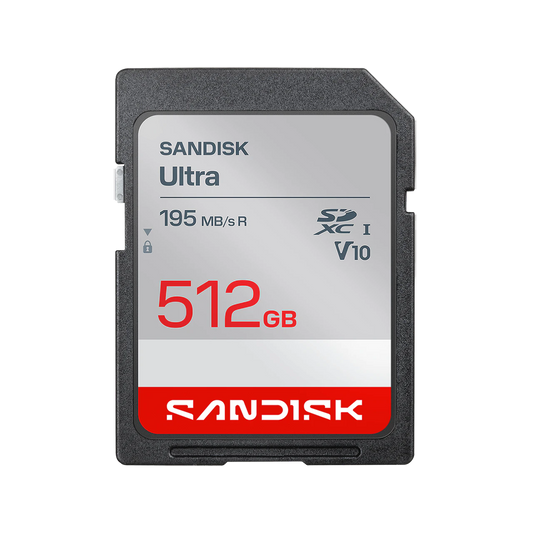 A Sandisk Ultra 512GB SD card shown from the front against a plain white background.