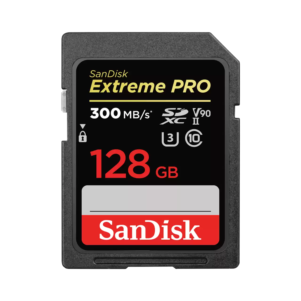 SanDisk Extreme Pro 128GB SD card on a white background