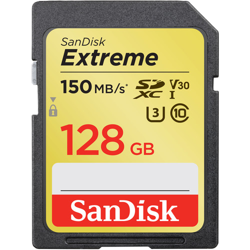 SanDisk Extreme 128GB SD card on a white background