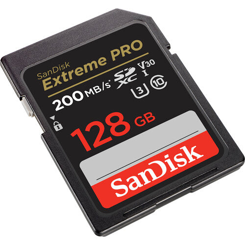 SanDisk Extreme Pro 128GB SD card on a white background