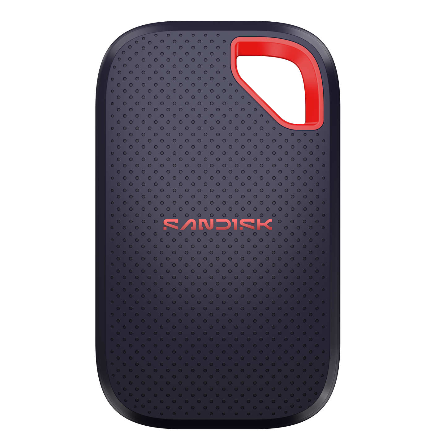 Black external hard drive with red accent on a white background