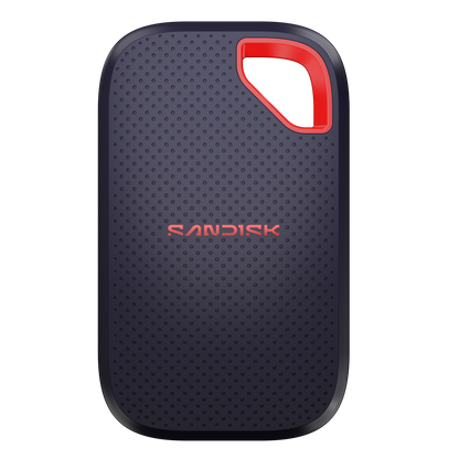 Black external hard drive with red accent on a white background