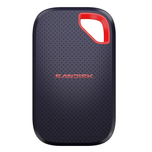 Black external hard drive with red accent on a white background