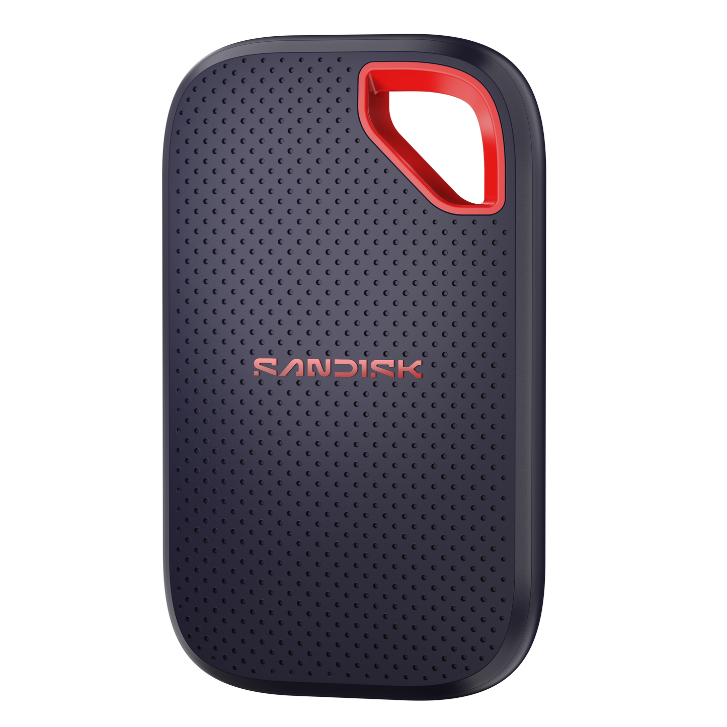 Black external hard drive with red accent on a white background