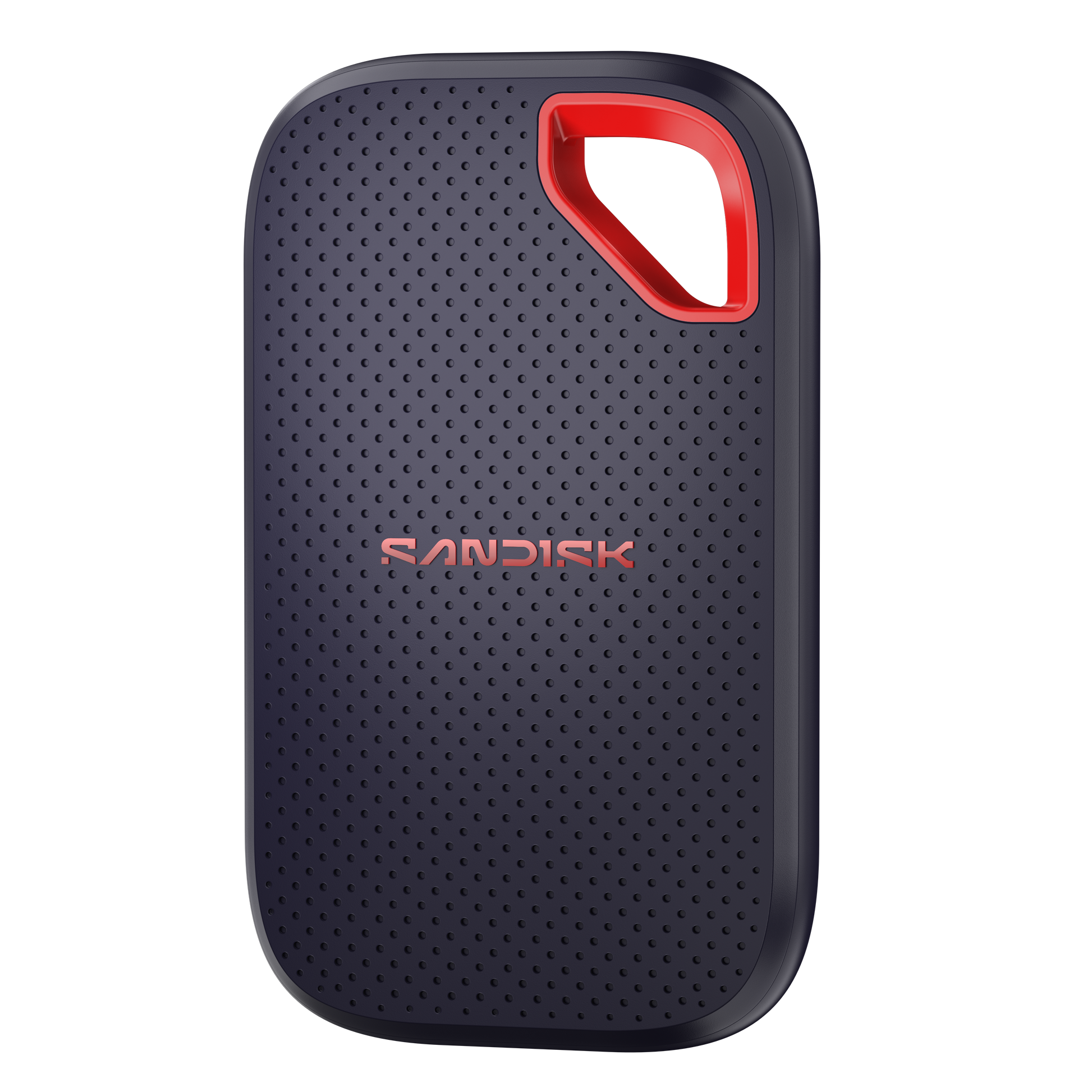 Black external hard drive with red accent on a white background