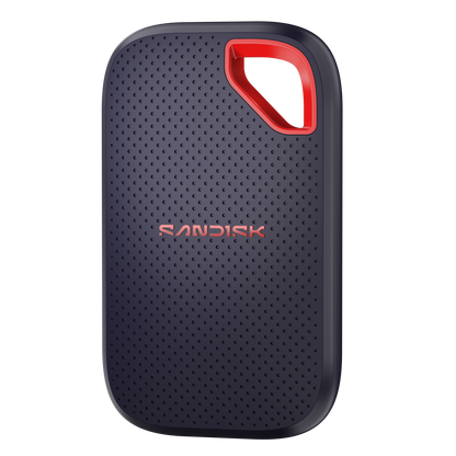 Black external hard drive with red accent on a white background