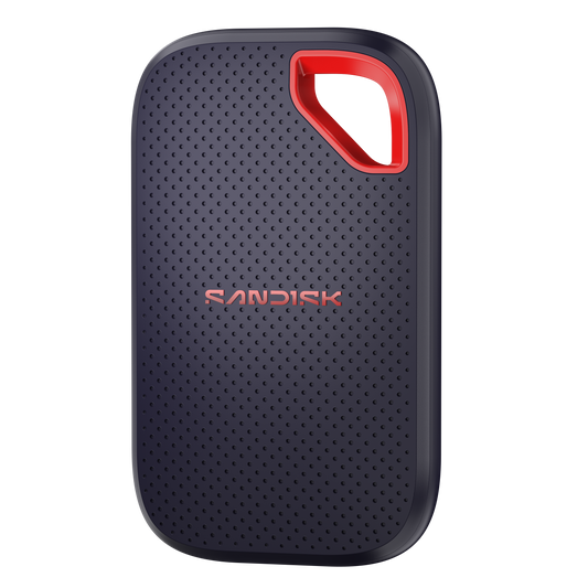 Black external hard drive with red accent on a white background