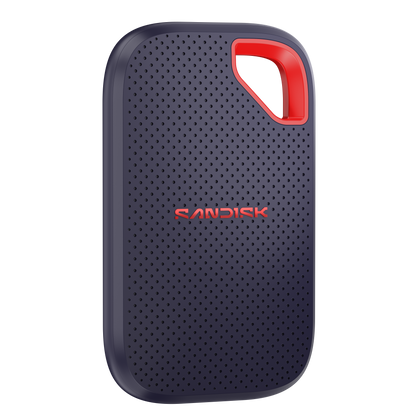 Sandisk external hard drive with red accent on a white background