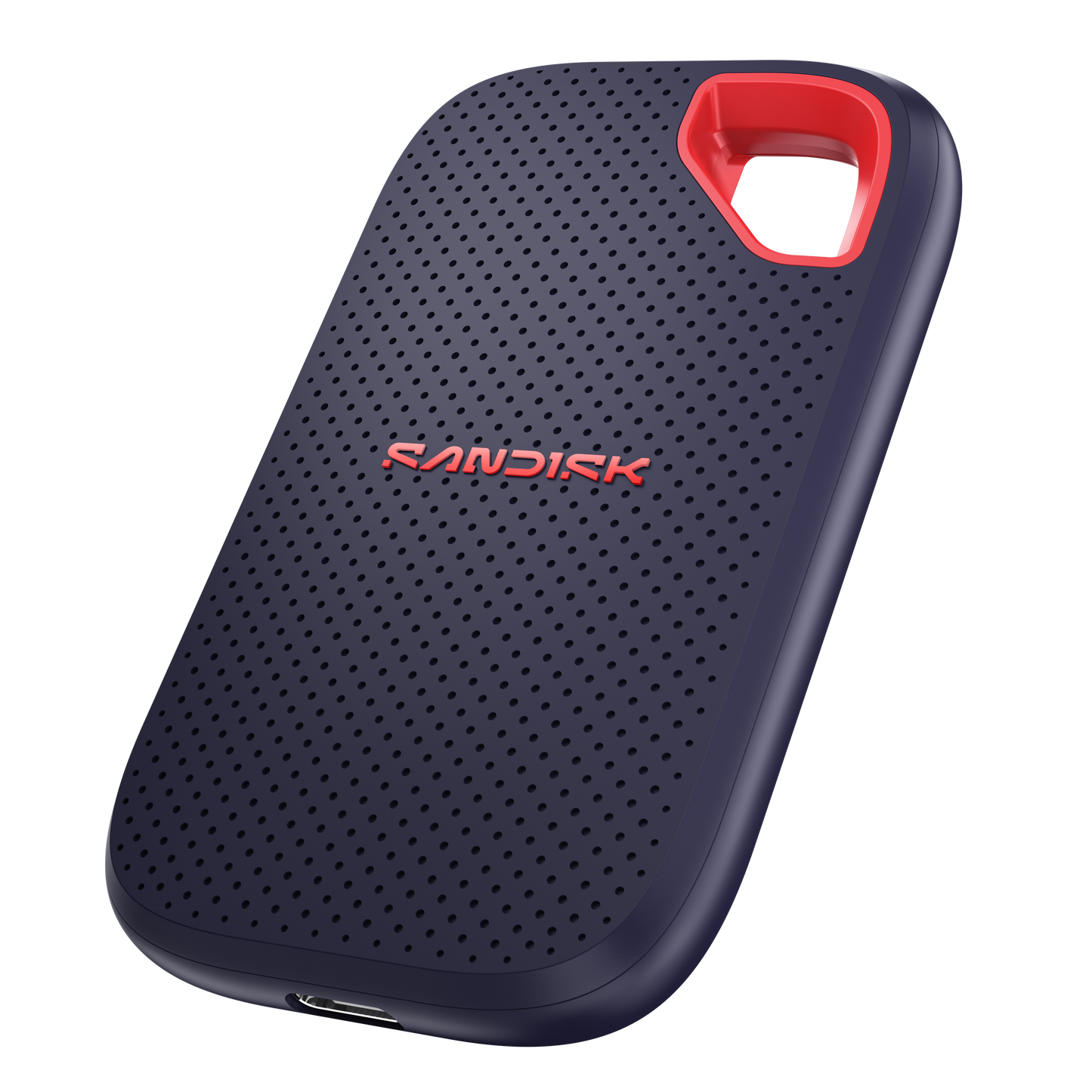 Portable hard drive with red accent and 'SanDisk' branding on a white background