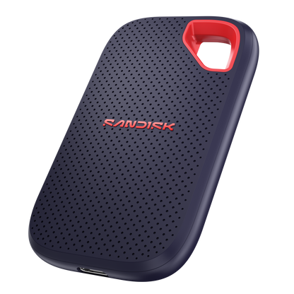 Portable hard drive with red accent and 'SanDisk' branding on a white background
