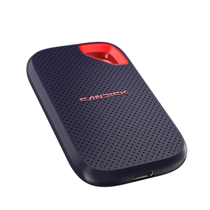 Sandisk external hard drive with red accent on a white background