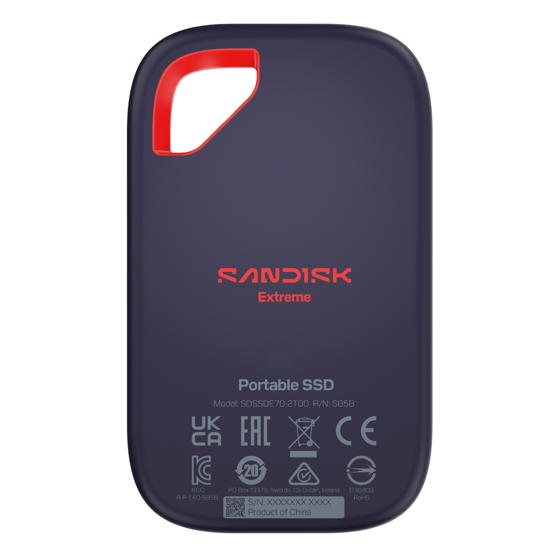 Sandisk Extreme portable SSD with red handle on a white background