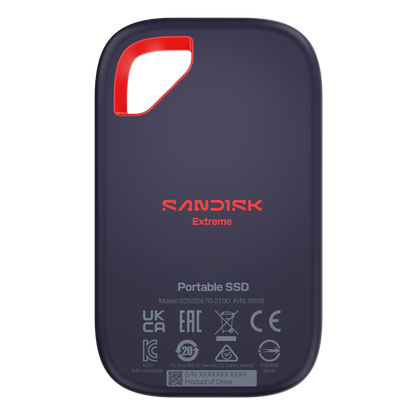 Sandisk Extreme portable SSD with red handle on a white background