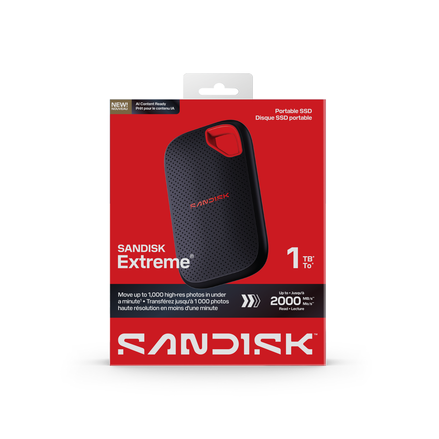 Sandisk Extreme portable SSD packaging on a white background