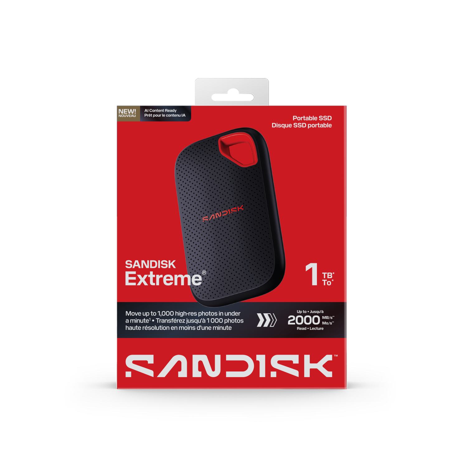 Sandisk Extreme portable SSD packaging on a white background