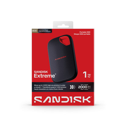 Sandisk Extreme portable SSD packaging on a white background