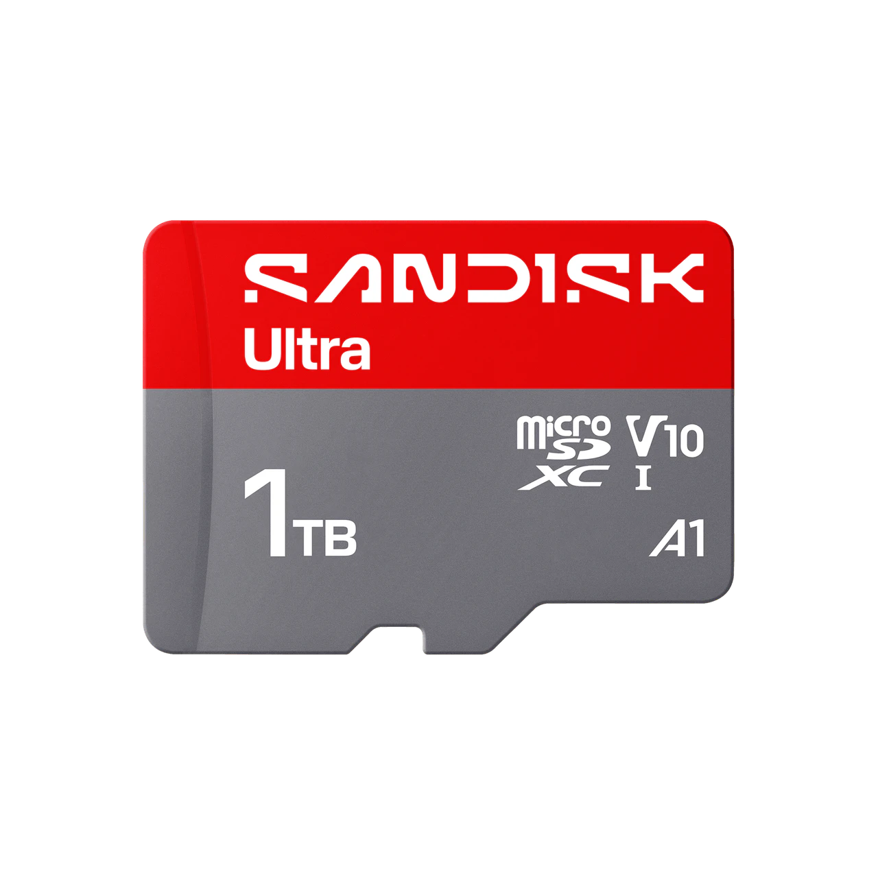 A Sandisk Ultra 1TB microSD card shown on a plain white background. The card has a red top section with white SANDISK Ultra branding and a gray bottom section with white text indicating microSD V10, XC I, 1TB, and A1.
