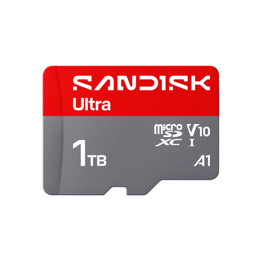 A Sandisk Ultra 1TB microSD card shown on a plain white background. The card has a red top section with white SANDISK Ultra branding and a gray bottom section with white text indicating microSD V10, XC I, 1TB, and A1.