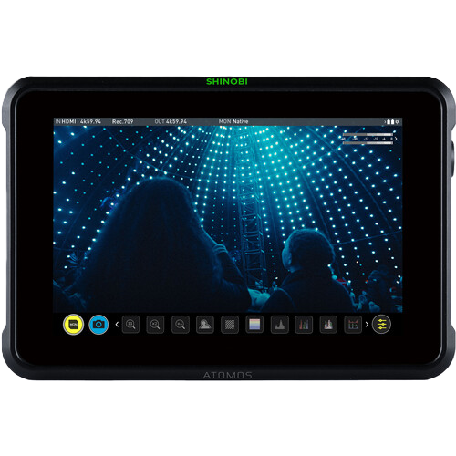 ATOMOS SHINOBIS display with screen showing a stage with people and lights
