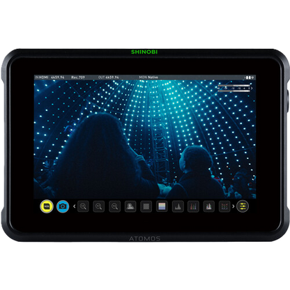 ATOMOS SHINOBIS display with screen showing a stage with people and lights