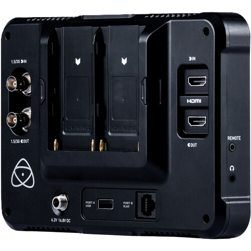 Black electronic device with various ports and connectors on a white background