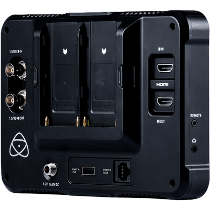 Black electronic device with various ports and connectors on a white background