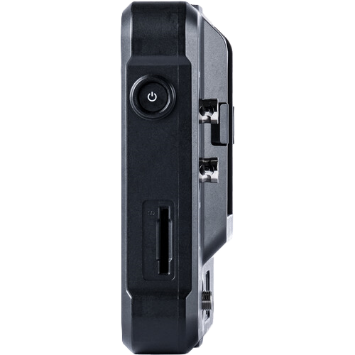 Black electronic device with power button and card slot on a white background