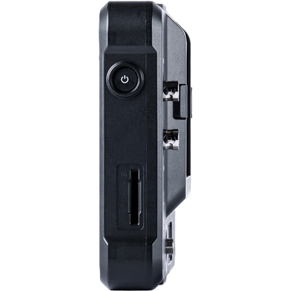 Black electronic device with power button and card slot on a white background