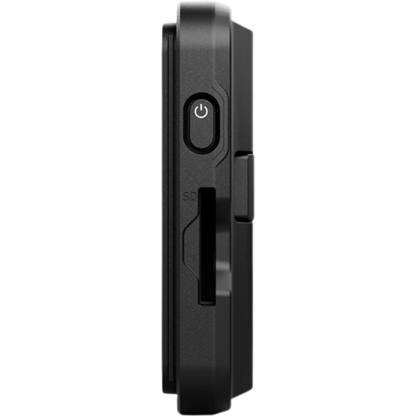 Black electronic device with power button on a white background