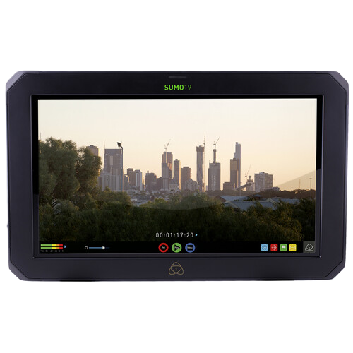 Atomos Sumo 19" SE HDR Monitor, Recorder, and Switcher displaying a city skyline with interface controls on a white background