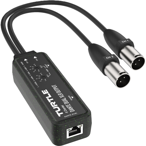 Turtle audio converter with two XLR connectors on a white background