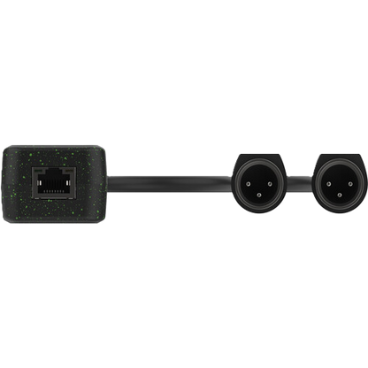 Black electronic device with Ethernet port and two connectors on a white background