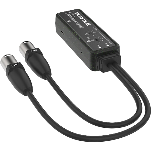 Black audio cable splitter with 'Turtle' branding on a white background