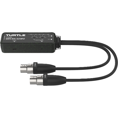 Turtle audio adapter with dual XLR inputs on a white background