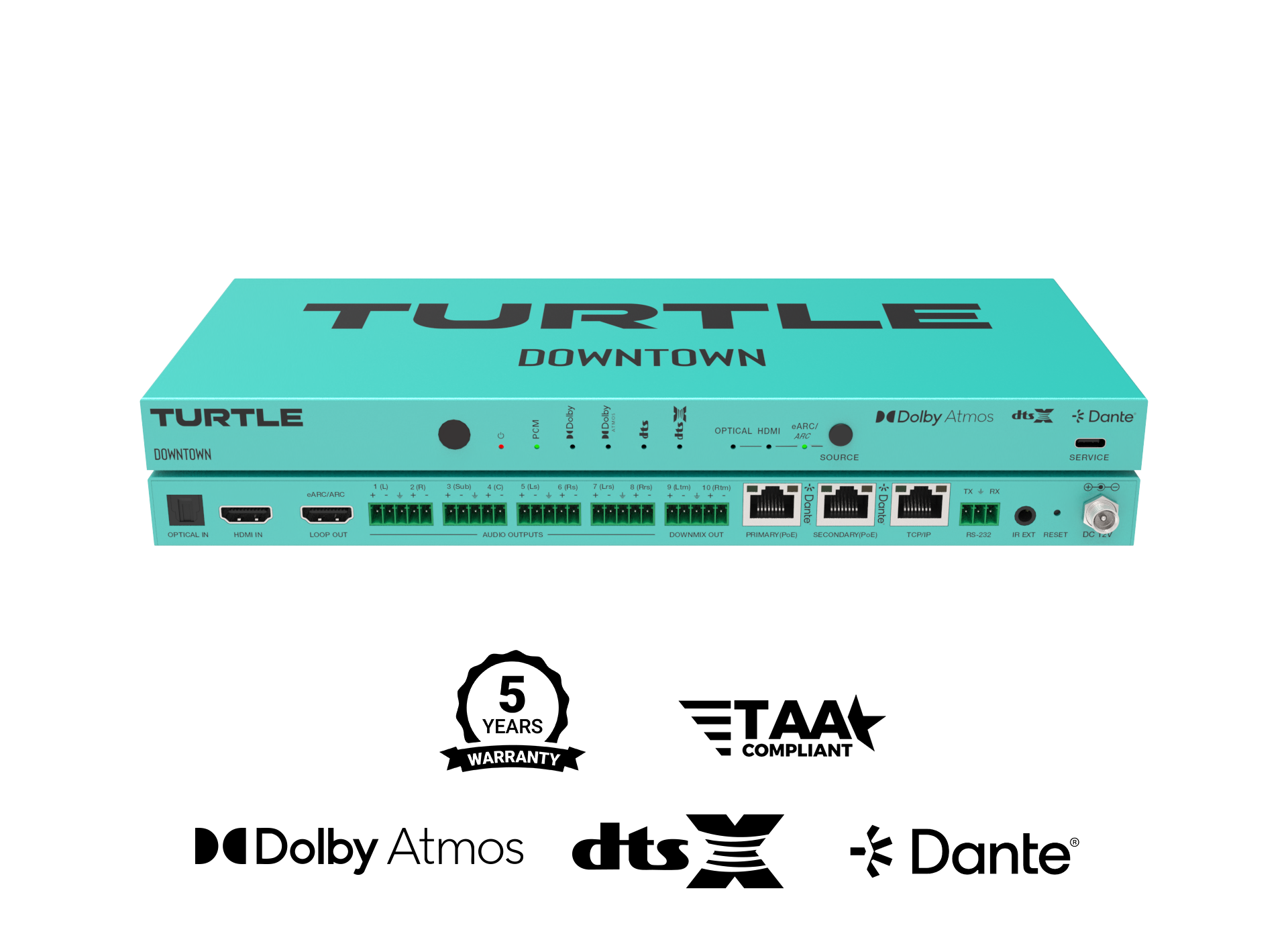 Turtle AV DOWNTOWN. Multi-channel Dolby Atmos and DTS to Dante Encoder