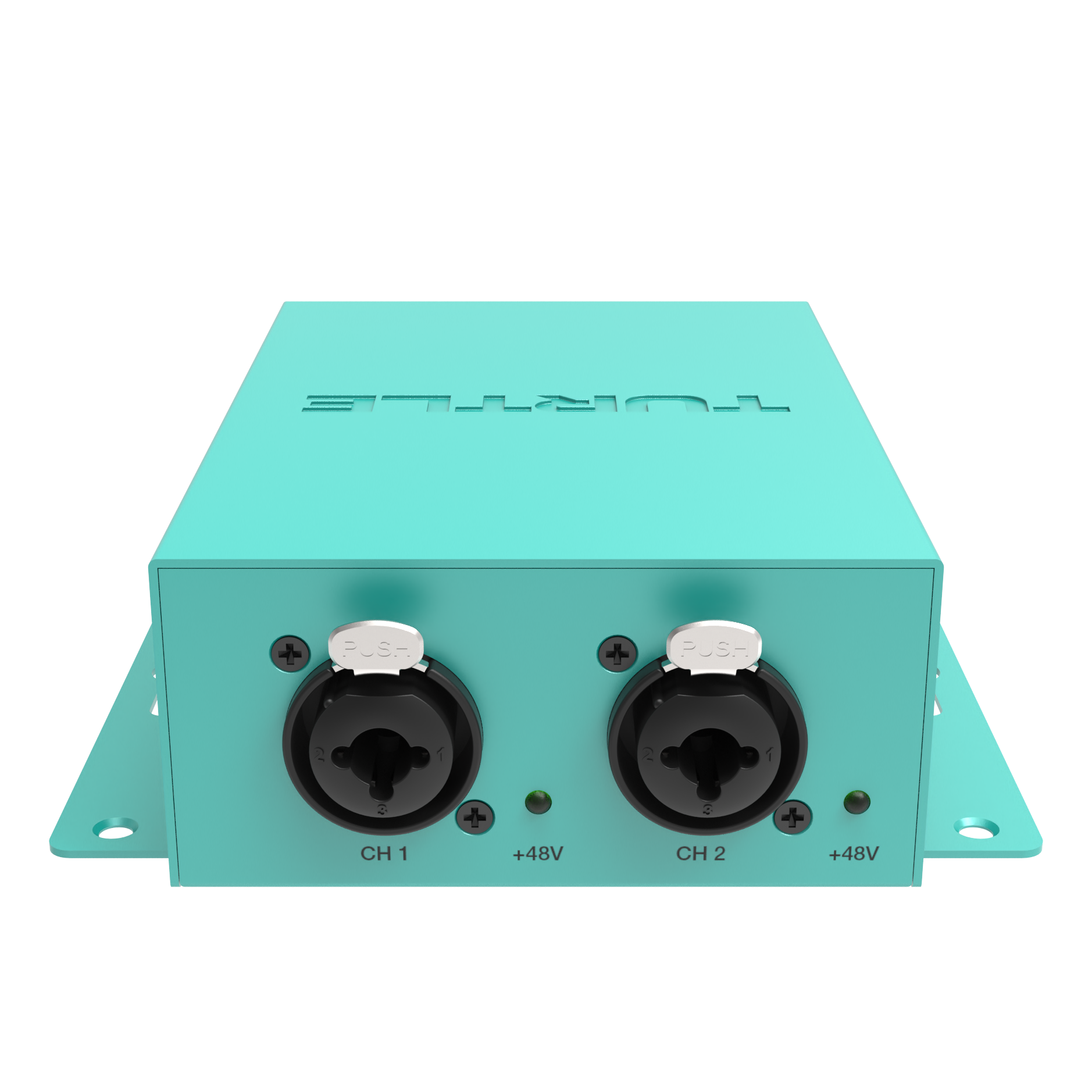 Turquoise audio interface with two XLR ports on a white background