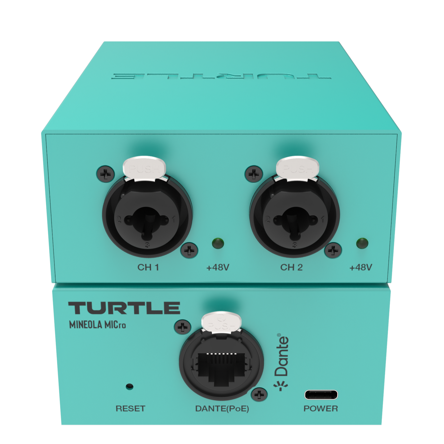 Turquoise audio interface with two XLR ports and Dante connectivity on a white background