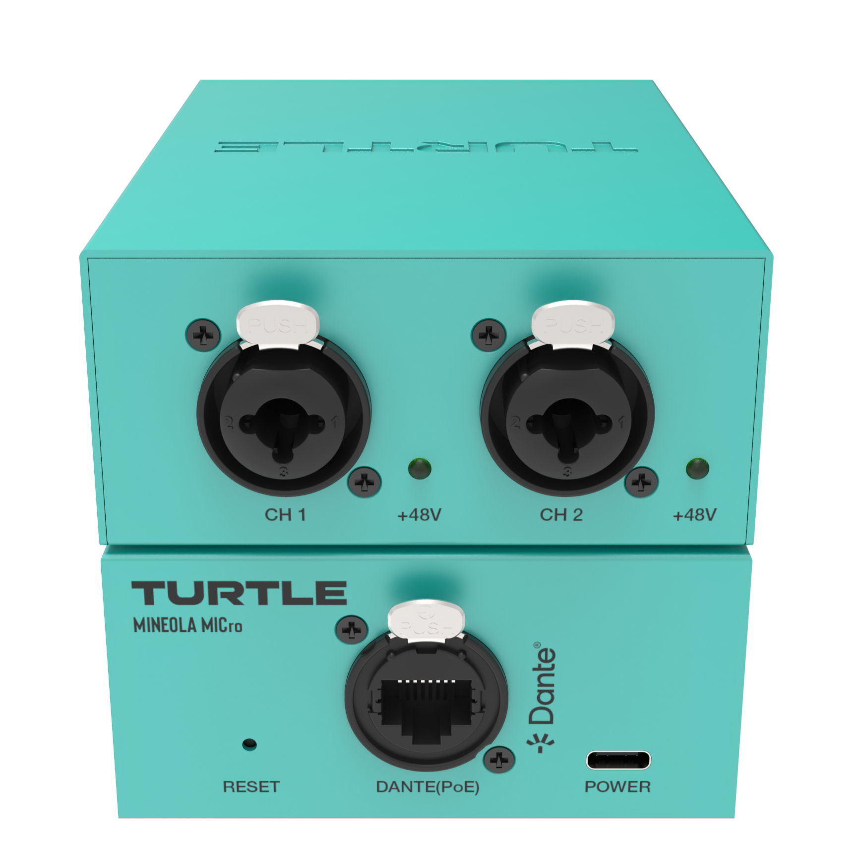 Turquoise audio interface with two XLR ports and Dante connectivity on a white background